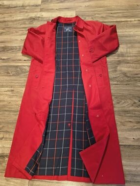 Burberry Red Trench Coat with Navy Plaid Lining